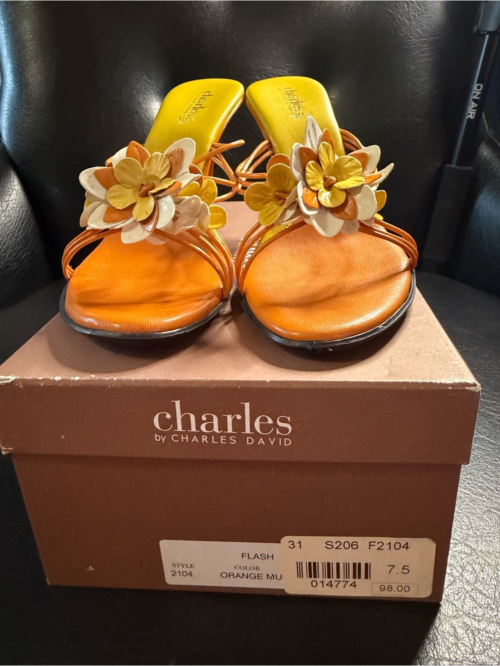 Charles David Orange Floral Slide Sandals with Yellow Accents